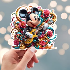 Mickey Mouse Sticker, Rock N Roll Music Sticker, Rock Electric Guitar Sticker, Rock Star Sticker, Water Bottle Sticker (50y)