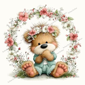 May include: A whimsical illustration of a teddy bear wearing a floral crown and a light blue outfit, surrounded by a floral arch. The bear has a black nose, pink cheeks, and large paws. The flowers are pink and white.
