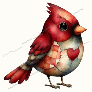 May include: A watercolor illustration of a red cardinal bird with a heart-shaped patch. The bird has a patchwork design with a red and white checkered pattern and a red heart. The bird is standing on two thin legs.