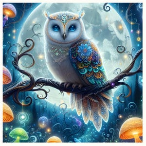 May include: A digital illustration of a white owl with blue eyes and ornate, colorful feather details, perched on a tree branch. The background features a full moon, mushrooms, and a starry night sky. The owl is the focal point.