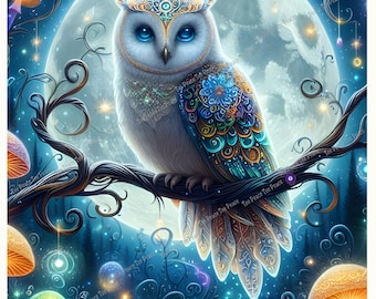 Moonlight Owl Fabric Panel, Quilt Sewing Square, Multiple Sizes, fc13p