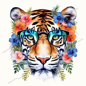 May include: A watercolor illustration of a tiger's face wearing black-framed glasses. The tiger is surrounded by colorful flowers in shades of pink, orange, and blue, with green foliage. The tiger's fur is orange and black.