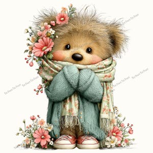 May include: A charming illustration of a teddy bear wearing a floral scarf, a teal sweater, and red sneakers. The bear is adorned with a floral crown and surrounded by flowers, creating a whimsical and cozy aesthetic.