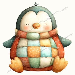 May include: A watercolor illustration of a smiling penguin wearing a patchwork scarf and vest. The penguin has a teal head and wings, a peach beak, and orange feet. The scarf and vest are made of various colorful squares.