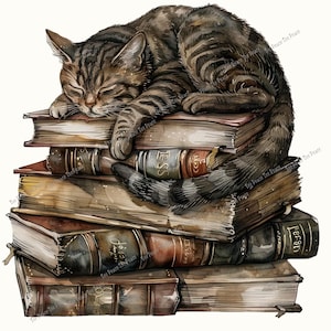 May include: Watercolor illustration of a sleeping tabby cat atop a stack of old books. The books are various sizes and colors, with visible titles and aged pages. The cat is brown and gray with striped markings, curled up comfortably.