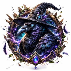 May include: A black raven wearing a pointed witch hat with a buckle and feathers, set within a circular wooden frame adorned with green leaves and a central purple gemstone. The background features a glowing blue and purple cosmic nebula effect.