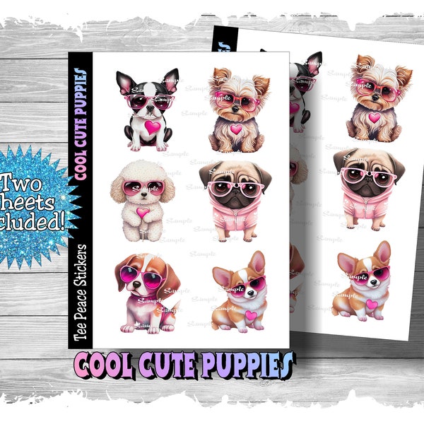 Cool Puppy Dog Sticker Sheets, 2 Sheet Bundle, Sunglass Puppies Planner Stickers, Terrier Puppy Sticker Pack, Poodle Planner Sticker, (a116)