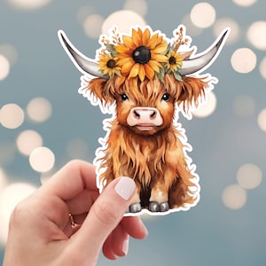 Longhorn Cow Sticker, Highland Cow Sticker, Baby Highland Cow Sticker, Sunflower Farm Cow Sticker, Water Bottle Sticker (s3h)