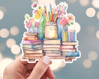 Stack Of Books Sticker, Jar Of Pencils Sticker, Library Shelf Books Sticker, School Teacher Books Sticker, Water Bottle Sticker (s18s)