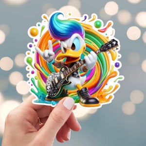 Donald Duck Sticker, Rock Guitar Music Sticker, Rock Band Sticker, Rock N Roll Sticker, Water Bottle Sticker (s50L)