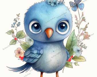 Blue Bird Fabric Panel, Quilt Sewing Square, Multiple Sizes, fc2g