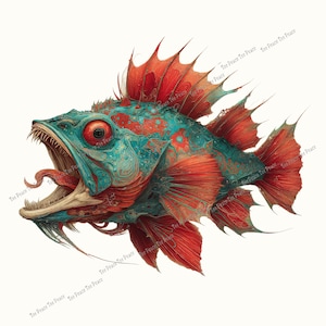 May include: A detailed illustration of a fish with an open mouth, showcasing sharp teeth and a long tongue. The fish features a teal body with red accents and fins. The image has the text "Tee Peace Tee Peace" repeated across the image.