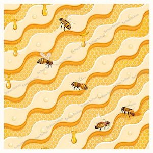 May include: A repeating pattern featuring bees, honeycombs, and honey droplets. The design has a yellow and cream color scheme with the text "Tee Peace Tee Peace" repeated throughout the image.
