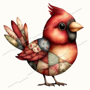 May include: A watercolor illustration of a red cardinal bird with patchwork-style feathers. The bird has a crest, a black eye, and a tan beak. The patchwork includes floral and patterned fabrics. The bird is standing on two small feet.