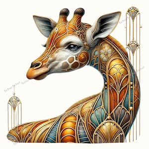 May include: An artistic illustration of a giraffe with an Art Deco style. The giraffe's coat features intricate patterns in shades of gold, orange, and blue. The giraffe's head is turned to the left, and the background is white.