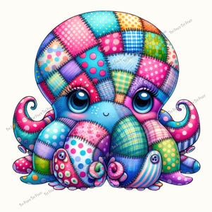 May include: A colorful, patchwork octopus illustration with large blue eyes and a smiling face. The octopus is composed of various patterned fabrics in shades of pink, blue, green, and purple. The text "Tee Peace Tee Peace" is repeated around the image.