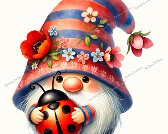 Ladybug Gnome Fabric Panel, Quilt Sewing Square, Multiple Sizes, fc10m