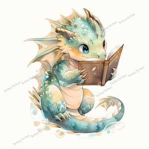 May include: A watercolor illustration of a friendly, baby dragon reading a book. The dragon is primarily blue and green with tan accents, and has large blue eyes. The book is brown with gold-colored accents.