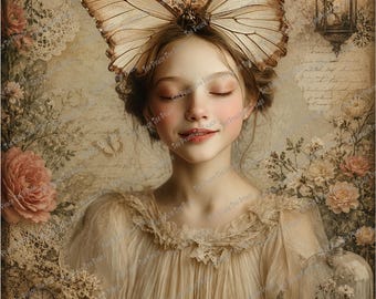 May include: A digital illustration of a person with closed eyes wearing a large brown butterfly on their head. The person wears a cream-colored ruffled blouse. The background features vintage script, pink roses, a hanging lantern, and stacked books.