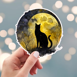 Black Cat Sticker, Night Sky Cat Sticker, Watercolor Black Cat Sticker, Yellow Moon Black Cat, Water Bottle Sticker, (s4i)