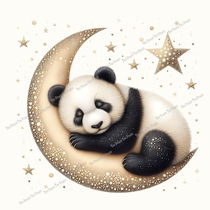 May include: A cute panda bear sleeps peacefully on a gold crescent moon, surrounded by gold stars. The panda has black and white fur. The moon and stars have a glittery texture, creating a whimsical and dreamy scene.