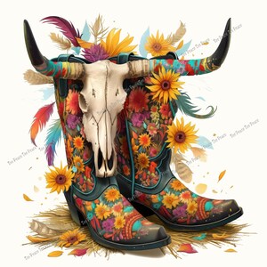 May include: A pair of colorful cowboy boots with a floral design, adorned with a cow skull and feathers. The boots feature a mix of orange, yellow, purple, and turquoise colors, with a black base and a pointed toe. Sunflowers and other decorative elements complete the western-themed artwork.