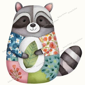 May include: A whimsical illustration of a raccoon with a patchwork design. The raccoon is gray and white with black eyes and a striped tail. It holds a green leaf and is adorned with floral and patterned patches in blue, pink, and orange.
