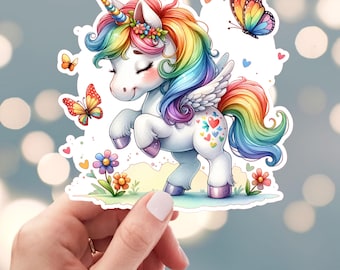 Rainbow Unicorn Sticker, Rainbow Butterflies Sticker, Birthday Unicorn Sticker, Baby Unicorn Sticker, Water Bottle Sticker (69j)