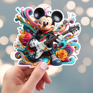 Mickey Mouse Sticker, Rock N Roll Music Sticker, Rock Electric Guitar Sticker, Rock Star Sticker,  Water Bottle Sticker (51d)
