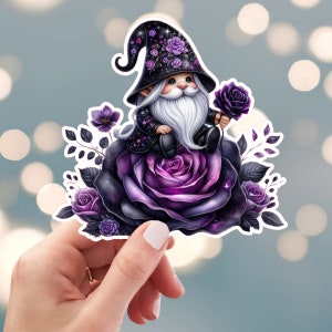 Purple Flower Gnomes Sticker, Goth Gnome Sticker, Black Rose Gnome Sticker, Garden Gnome Sticker, Water Bottle Sticker (s36d)