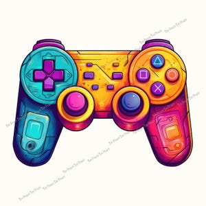 May include: A colorful video game controller illustration. The controller features a teal directional pad, purple buttons, and orange, yellow, and pink accents. The design includes the text "Tee Peace Tee Peace" repeated around the edges.