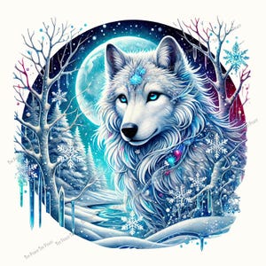 May include: A digital illustration of a white wolf with bright blue eyes, set against a winter landscape. The wolf is surrounded by snowflakes, trees, and a full moon. The color palette includes shades of white, blue, and purple.