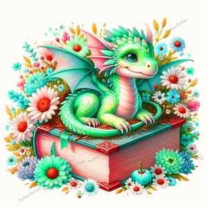 May include: A whimsical illustration of a green dragon with pink accents, perched atop a large, red-spined book. The dragon is surrounded by colorful flowers in shades of pink, blue, and white, creating a vibrant and cheerful scene.