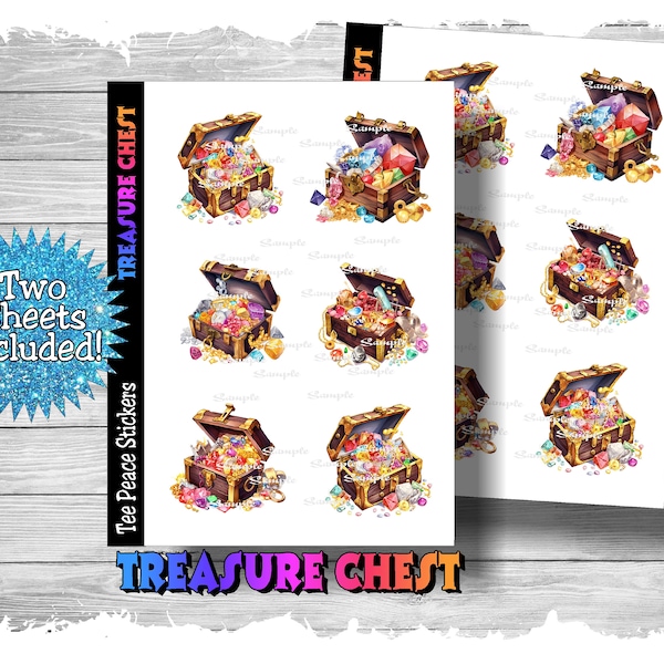 Treasure Chest Sticker Sheets, 2 Sheet Bundle, Pirate's Gold Stickers, Jewelry Chest Stickers, Gems Jewels Sticker Pack, (a482)