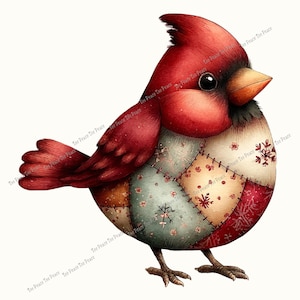May include: A watercolor illustration of a red cardinal bird with a patchwork design. The bird has a red crest, wings, and head, with a body composed of various fabric patches in shades of red, green, and beige. Snowflake details are visible.
