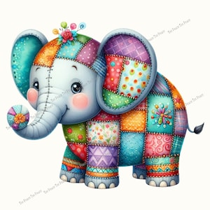 May include: A colorful patchwork elephant illustration. The elephant is primarily white with large, patchwork-style ears and body panels in various colors and patterns. It has a trunk, small tail, and a flower on its head. The text "Tee Peace Tee Peace" is repeated on the image.