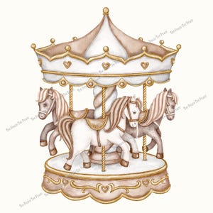 May include: Watercolor illustration of a carousel with three horses. The carousel has a white and brown canopy with gold accents. The horses are in shades of brown and white, with saddles. The base is decorated with hearts.
