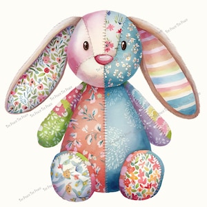 May include: A patchwork bunny plush toy with a pink, blue, and floral design. The bunny has long ears with floral and rainbow patterns. The toy is made of various fabric patches stitched together, creating a colorful and whimsical appearance.
