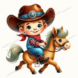 May include: A cartoon illustration of a smiling child dressed as a cowboy riding a brown horse. The child wears a brown cowboy hat with a blue band, a red bandana, a plaid shirt, and blue overalls. The horse has a saddle and bridle.