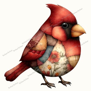 May include: A vibrant illustration of a cardinal bird with a patchwork design. The bird features a bright red crest, body, and tail, with a black mask and beak. The patchwork incorporates floral and patterned fabrics in various colors, creating a unique and artistic aesthetic.