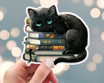 Sleepy Cat Sticker, Cat On Stack Of Books Sticker, Black Cat Sticker, Kitten Library Books Sticker, Water Bottle Sticker (s9d)