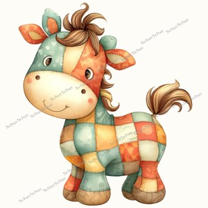 May include: A watercolor illustration of a patchwork horse. The horse is made of squares of orange, yellow, green, and blue fabric. It has a brown mane and tail, and a smiling face. The text "Tee Peace Tee Peace" is repeated across the image.