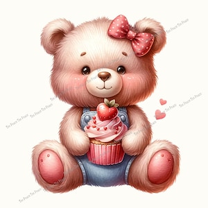 May include: A cute, light brown teddy bear with a pink bow and rosy cheeks, holding a pink cupcake topped with a strawberry. The bear wears blue overalls and is surrounded by small pink hearts.
