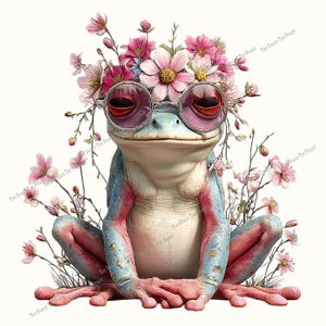 May include: A whimsical illustration of a frog wearing round sunglasses and a floral crown. The frog is light blue with pink accents and is surrounded by pink flowers and greenery. The image has a soft, artistic style.
