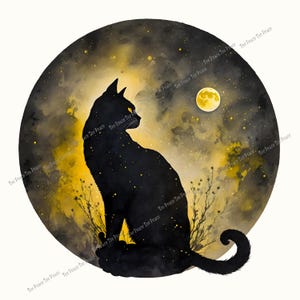 May include: A black cat silhouette sits in front of a yellow and gray night sky with a full moon. The cat has yellow eyes and is surrounded by stars and tall grass. The image is a watercolor painting.