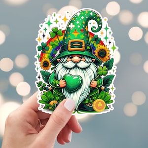 Leprechaun Sticker, Rainbow Gnome Sticker, St. Patrick&#39;s Day Sticker, Green Clover Pot Of Gold Sticker, Water Bottle Sticker, (s9i)