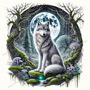 May include: A digital illustration of a majestic gray wolf with piercing blue eyes, seated on a mossy rock. The wolf is set against a backdrop of a full moon, forest, and fantastical elements, creating a mystical scene.
