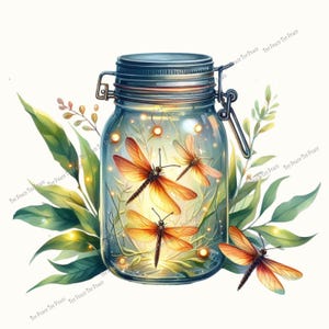 May include: A watercolor illustration of a glass jar with a metal lid and clasp, filled with glowing lights and orange dragonflies. Green leaves and sprigs surround the jar, with one dragonfly outside. The jar has the text "Tee Peace Tee Peace" repeated around the edges.