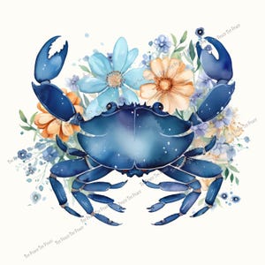May include: Watercolor illustration of a blue crab with large claws, surrounded by a bouquet of flowers in shades of blue, orange, and white. The crab has a speckled appearance. The image has the text "Tee Peace Tee Peace" repeated around the edges.