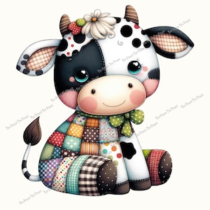 May include: A whimsical, seated cow illustration with a patchwork design. The cow features black and white spots, large blue eyes, and a green bow. A flower and berries adorn its head. The patchwork includes various colors and patterns, creating a charming, handcrafted aesthetic.